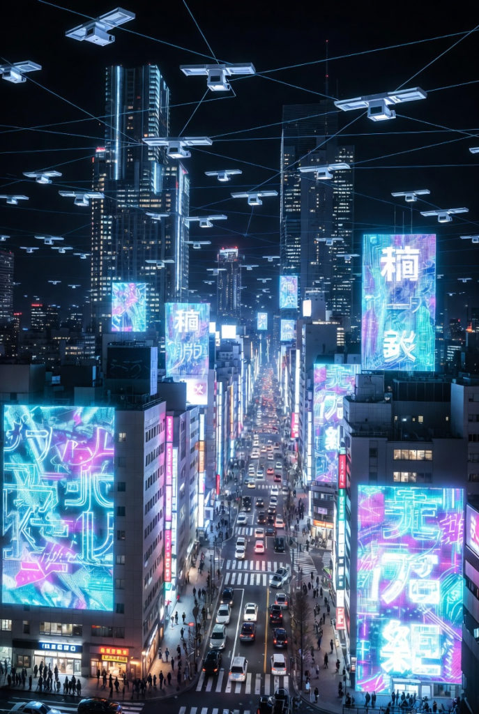 2035年のニュートーキョー。都市全体が鮮やかなネオンに染まり、夜空を無数のドローン網が覆い尽くしている。未来都市の街並み、巨大なホログラム広告と監視ドローンが飛び交うWEB3の時代